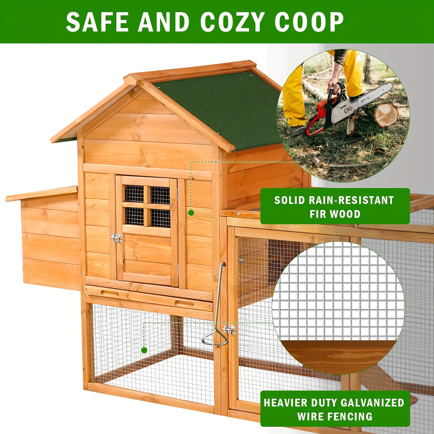 Chicken Coop with Run Large Outdoor Wooden Hen House 82 Inch Walk-in Poultry Cage for 2-4 Chickens Ducks Rabbits with Nesting Box Removable Tray Wheels