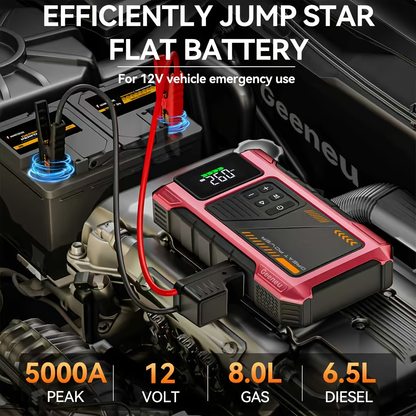 Jump Starter with Air Compressor 5000A Peak 150PSI Tire Inflator 5-in-1 Portable Car Battery Jump Pack for 8.0L Gas 6.5L Diesel Engine Digital Display Smart Cables 12V Power Bank