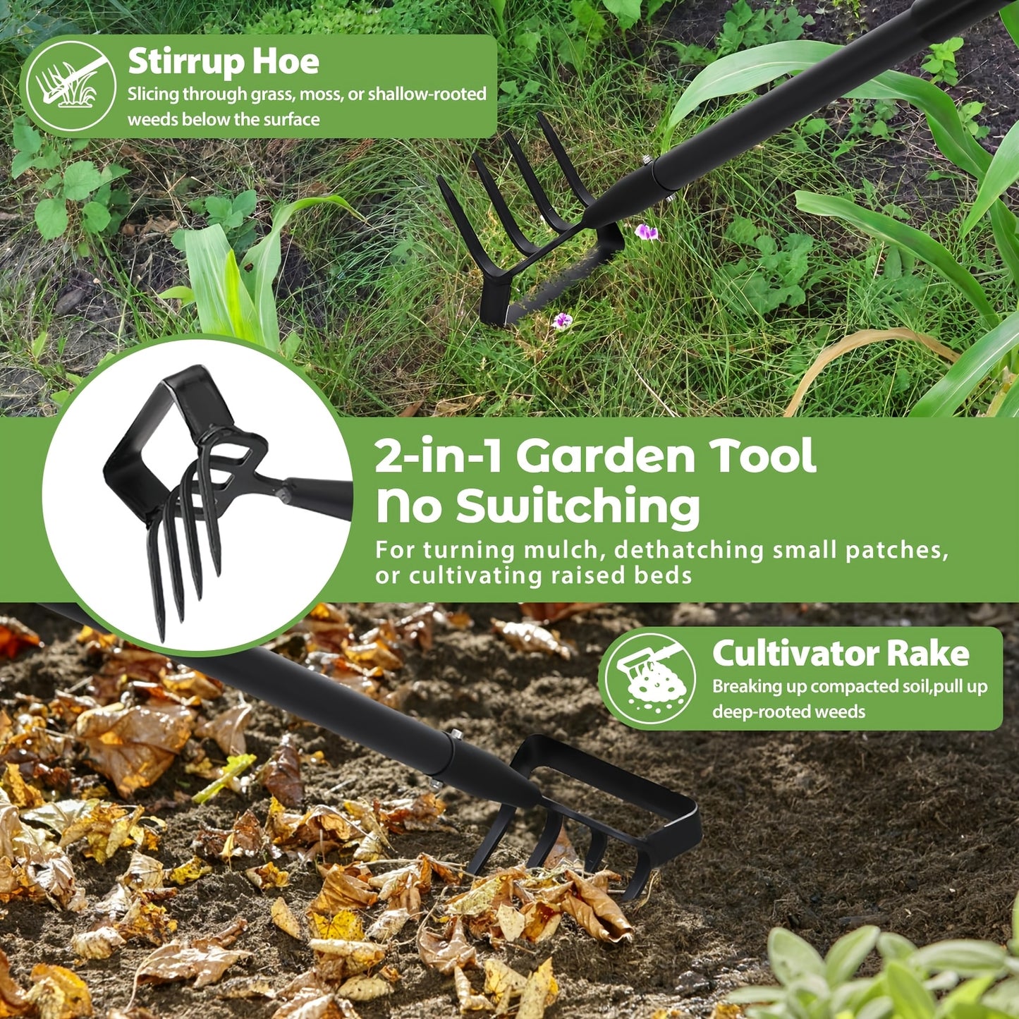 Hula Hoe 2-in-1 Dual Head Stirrup Loop Hoe & 4-Tine Cultivator Rake Heavy Duty All-Metal Long Handle 62 73 82 Inch for Weeding Aerating Loosening Soil