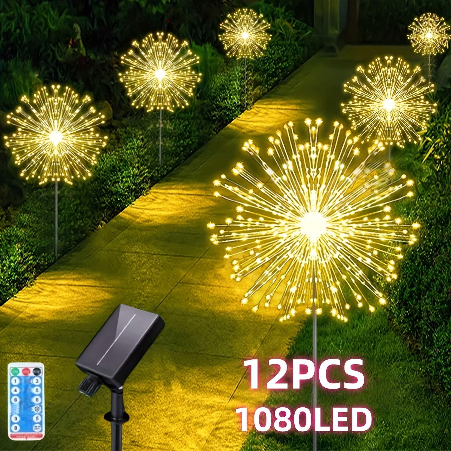 Solar Dandelion Lights with Remote Control 540/1080 LED 8 Modes Warm White – 6/12 Pack Outdoor Fireworks Stake Lights for Lawn Garden Christmas Halloween Festival Decoration