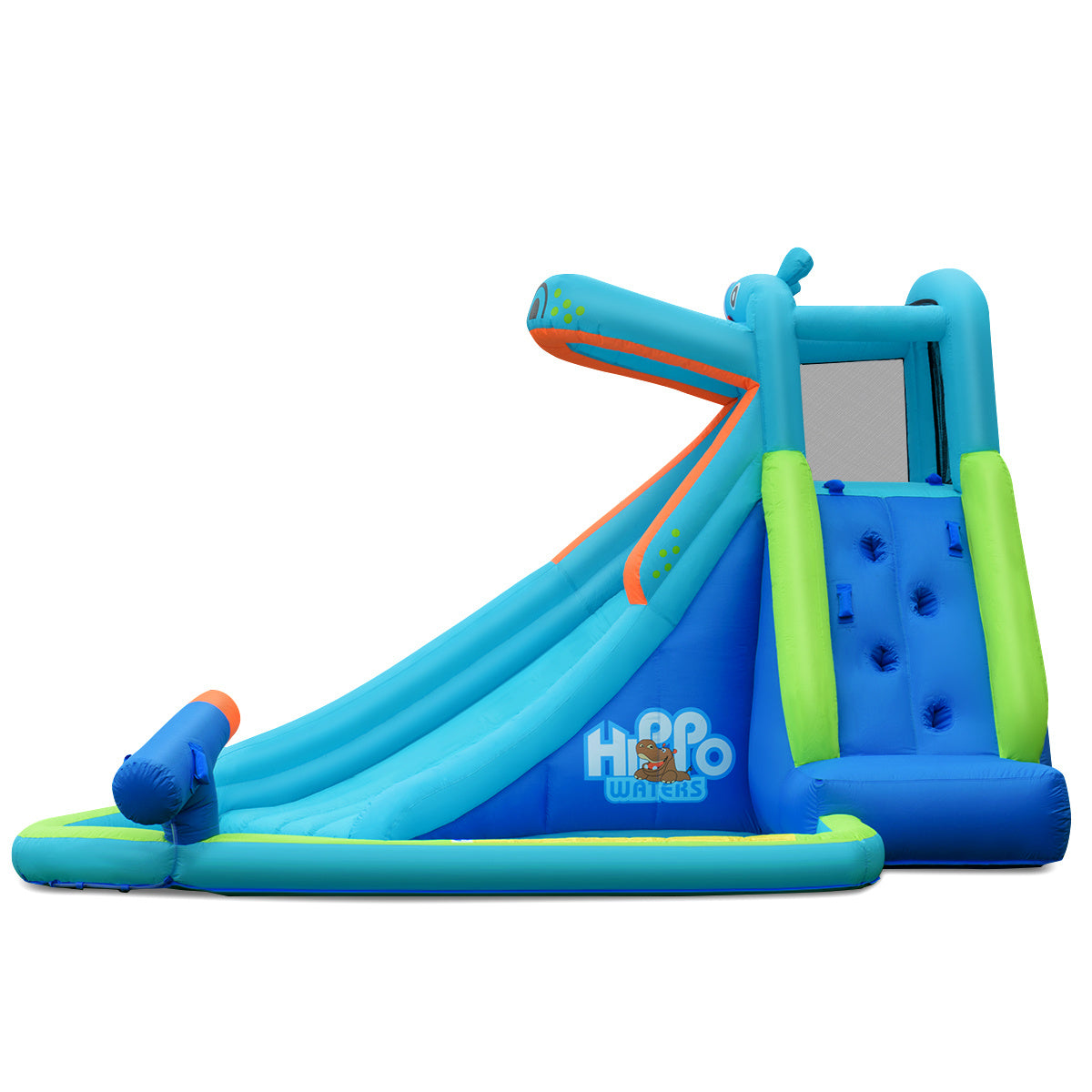Inflatable Hippo Water Slide Bouncer with Climbing Wall, Splash Pool & Water Cannon – 9.5FT Kids Backyard Water Park, Oxford Cloth, Carry Bag Included