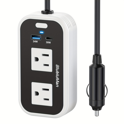 Car Plug Inverter 200W DC 12V to AC 110V with 30W PD Fast Charging QC3.0 24W USB-C Outlet Adapter for Laptop Computer Phone Tablet Vehicle Travel Road Trip