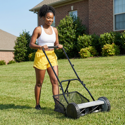 Reel Lawn Mower 14-Inch 5-Blade Manual Push with Grass Catcher, Adjustable Height 0.6"-1.8", Quiet No-Gas Walk-Behind Mower for Small Yards, 13.6 lbs Lightweight
