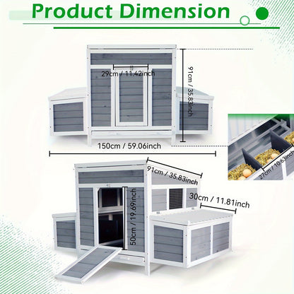Wooden Chicken Coop with 2 Large Nesting Boxes for 4-6 Chickens | 59" Outdoor Hen House with Weatherproof PVC Roof, Ramps, Perches & Multiple Entrances