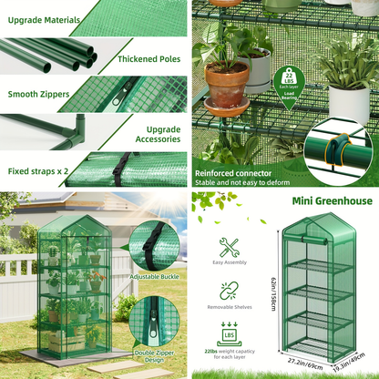 4 Tier Mini Greenhouse for Indoor Outdoor Plants – Portable PE Cover Greenhouse with Rack Stand for Seedlings, Seasonal Decoration & Year-Round Plant Care