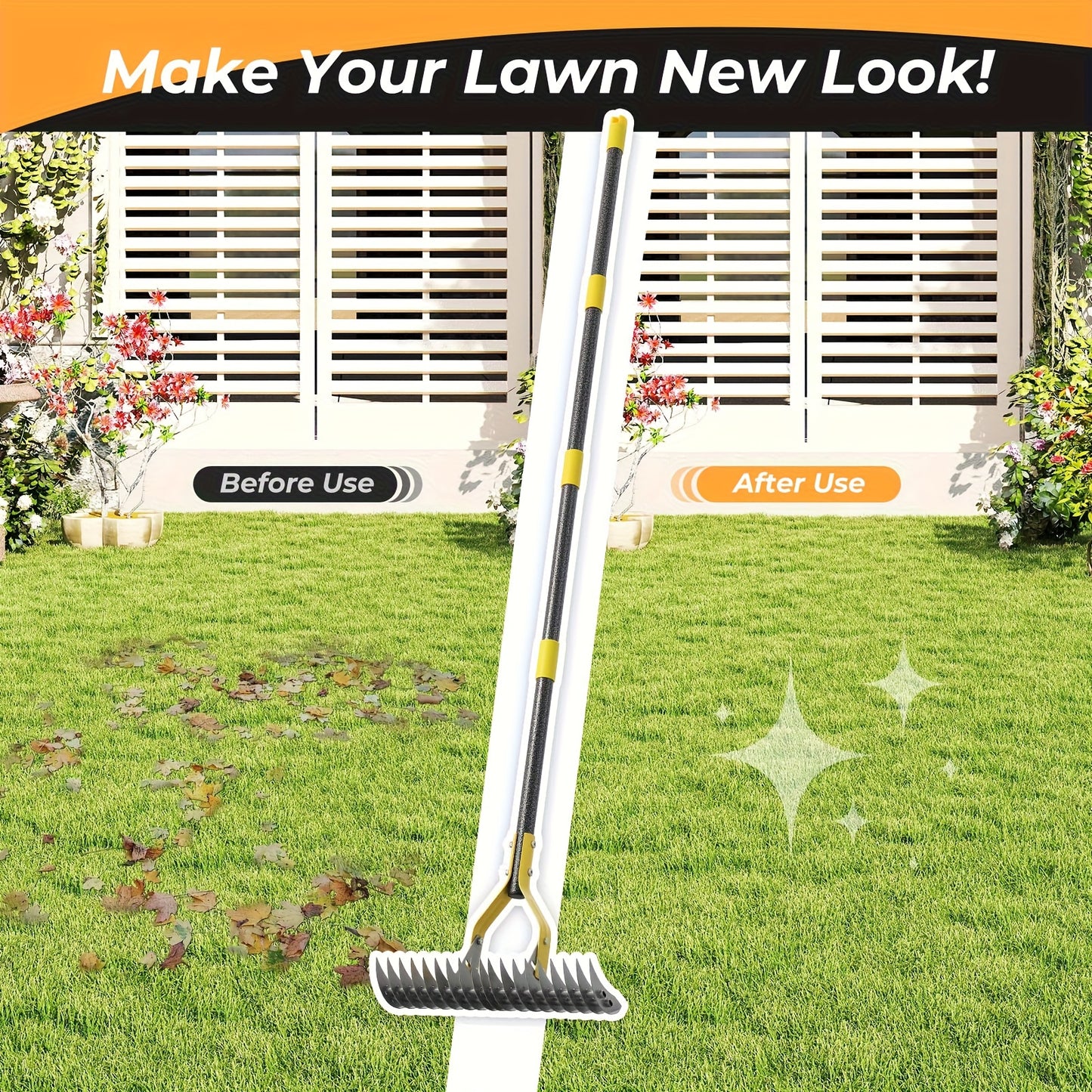 Thatch Rake Heavy Duty Dual-Action - 15-Inch Manual Dethatcher & Lawn Scarifier with Sharp Metal Blades for Dead Grass Removal, Soil Loosening & Lawn Aeration - Available in 55 & 70 Inch Handle