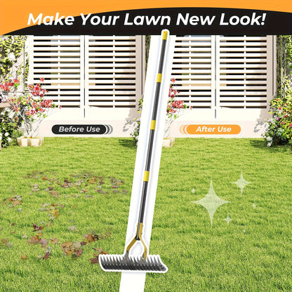 Thatch Rake Heavy Duty Dual-Action - 15-Inch Manual Dethatcher & Lawn Scarifier with Sharp Metal Blades for Dead Grass Removal, Soil Loosening & Lawn Aeration - Available in 55 & 70 Inch Handle