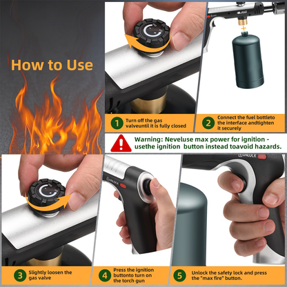 Propane Torch with One-Touch Max Fire & Safety Lock, Cooking Blow Torch Gun for Sous Vide, Searing Steak, BBQ, Grill, Campfire & Charcoal, Adjustable Flame Kitchen Torch, Black/Golden (Tank Not Included)