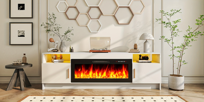 Entertainment Center with Electric Fireplace 70 Inch TV Stand for TVs up to 80" 36" Fireplace 20-Color LED High Gloss Storage Cabinet Wood Grain