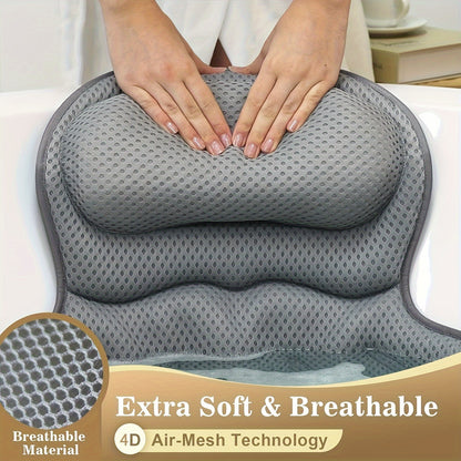 Bath Pillow 4D Air Mesh Neck Back Support with Anti-Slip Suction Cups Quick-Dry Machine Washable Luxury Bathtub Cushion Spa Relaxation Bathroom Accessory