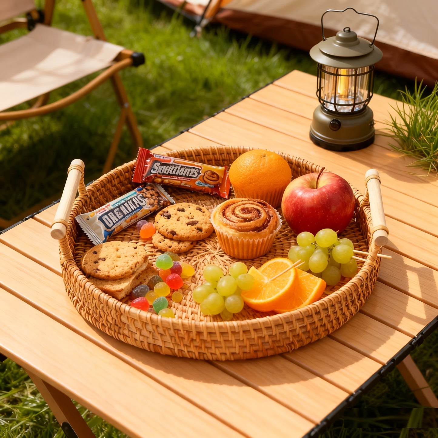 Cheese Board Tray Set - Hand-Woven Rattan Decorative Serving Tray with Handles, Boho Farmhouse Wicker Basket for Coffee Table, Fruit Bread Snack Gift, 3-Piece