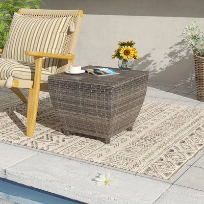 PE Wicker Outdoor Storage Box Side Table, Flip-Top Lid