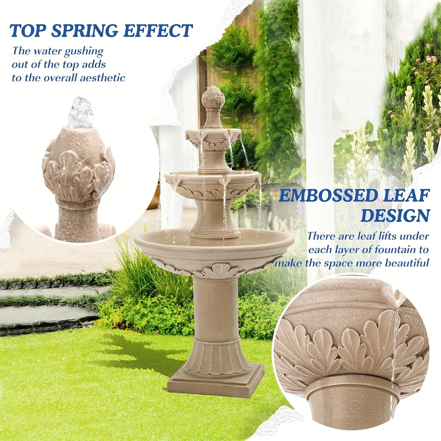 Outdoor Water Fountain 3-Tier 48.4" – Italian Cascading Garden Fountain with Carved Flowers, IPX5 Pump, Large Floor-Standing Resin Bubbler for Patio, Yard & Home Decor