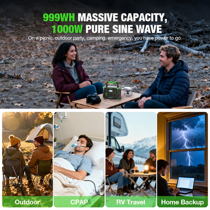 Battery Backup Power Station 1000W 999Wh | 2000W Peak Pure Sine Wave AC 110V PD 60W USB-C Solar Generator | Camping Home Emergency Road Trip