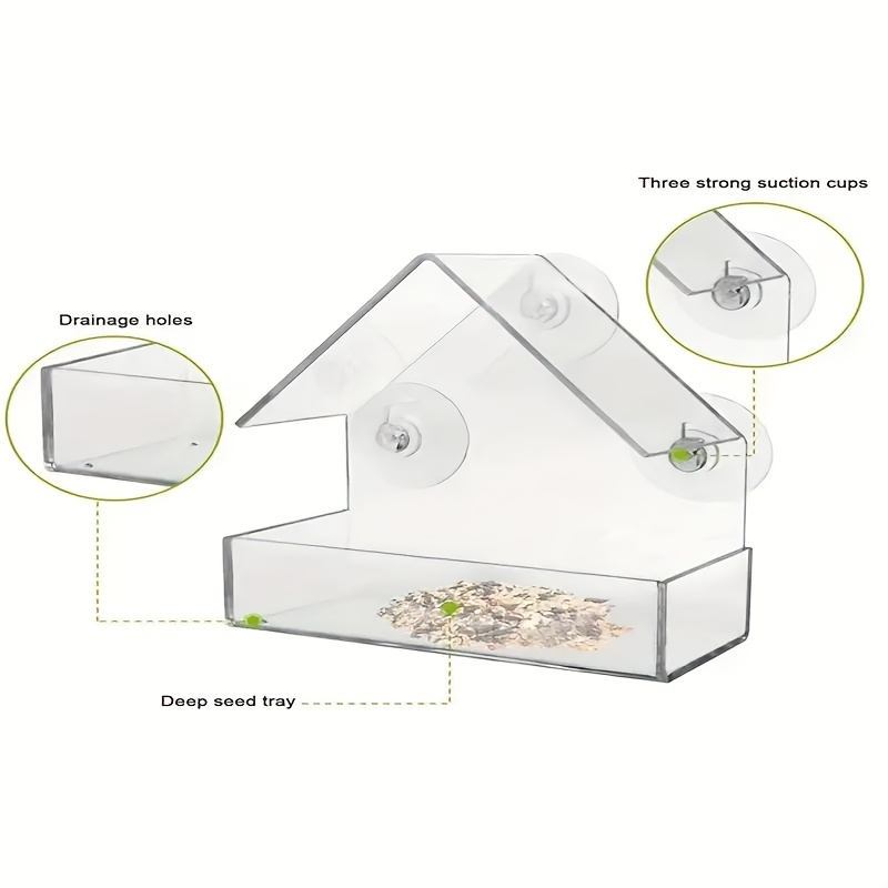Bird Feeder Window Mount Clear Acrylic Seed Dispenser with Strong Suction Cups - Weatherproof All Season Outdoor Indoor Bird Watching Tray for Finches Sparrows Chickadees Songbirds Nature Lover Gift