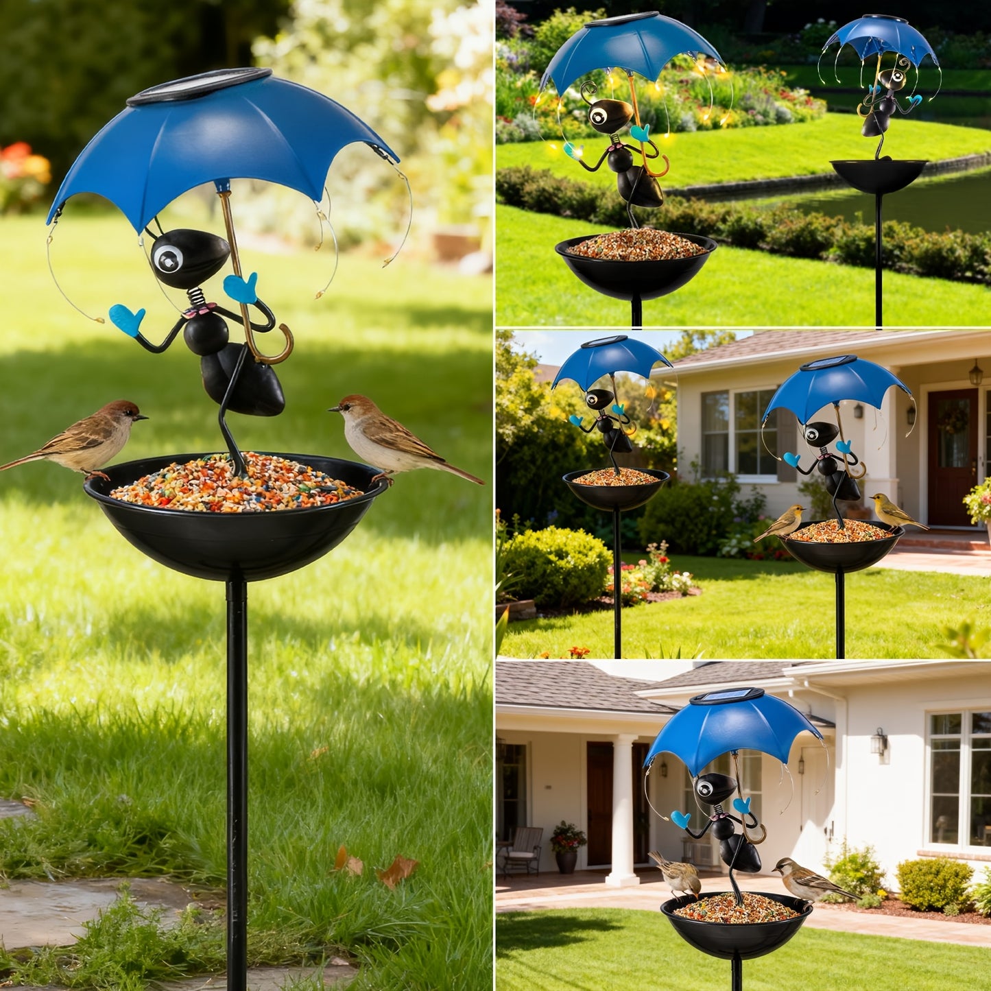 Solar Frog Statue Garden Light with Bird Feeder & LED String Decor