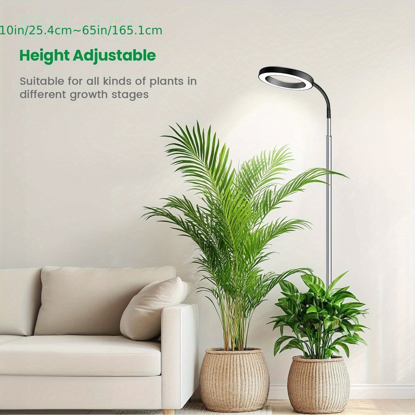 Plant Light Full Spectrum Gooseneck 360° | 3 Color Modes 10 Dimming Levels 3/6/12H Timer 65'' Telescopic Pole | Indoor Grow Lamp Large Plants Black White