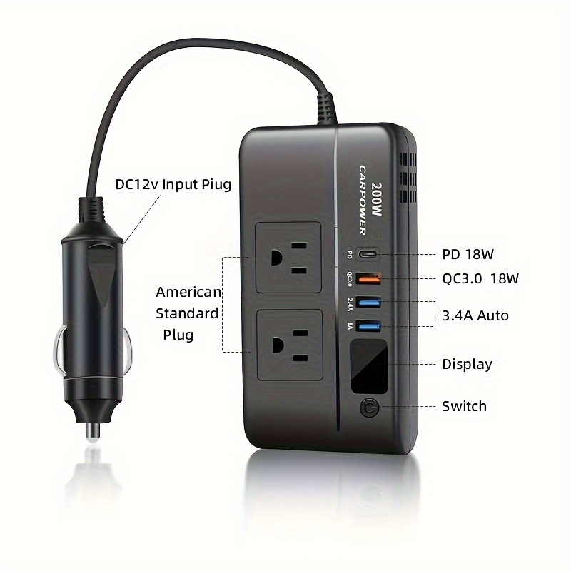 200W Car Power Inverter DC 12V to AC 110V with USB-C PD 20W & QC3.0 Fast Charging