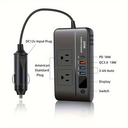 200W Car Power Inverter DC 12V to AC 110V with USB-C PD 20W & QC3.0 Fast Charging