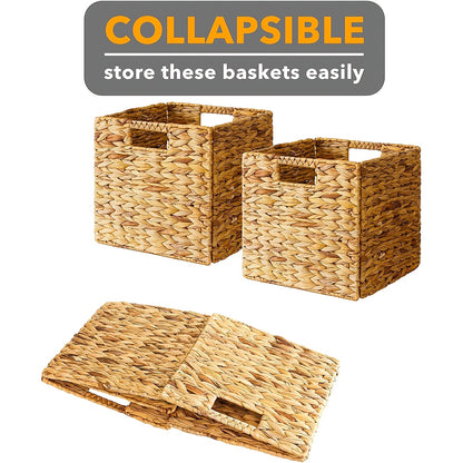 Cube Storage Baskets Foldable – Handwoven Water Hyacinth 11x11 Inch Laundry Organizer Basket with Handles for Cube Shelves, Closet, Bedroom & Living Room, Natural Woven Bin