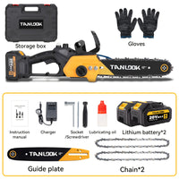 Orange chainsaw with two batteries and three chains