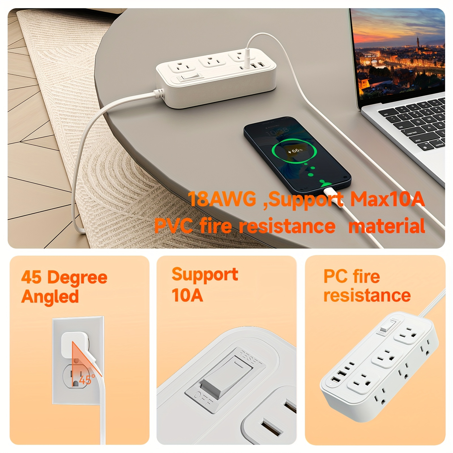 Power Strip Flat Plug Surge Protector with 6 AC Outlets 4 USB Ports 2 USB-C 2 USB-A 5ft Extension Cord Desk Charging Station for Home Dorm Office Travel