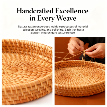 Cheese Board Tray Set - Hand-Woven Rattan Decorative Serving Tray with Handles, Boho Farmhouse Wicker Basket for Coffee Table, Fruit Bread Snack Gift, 3-Piece