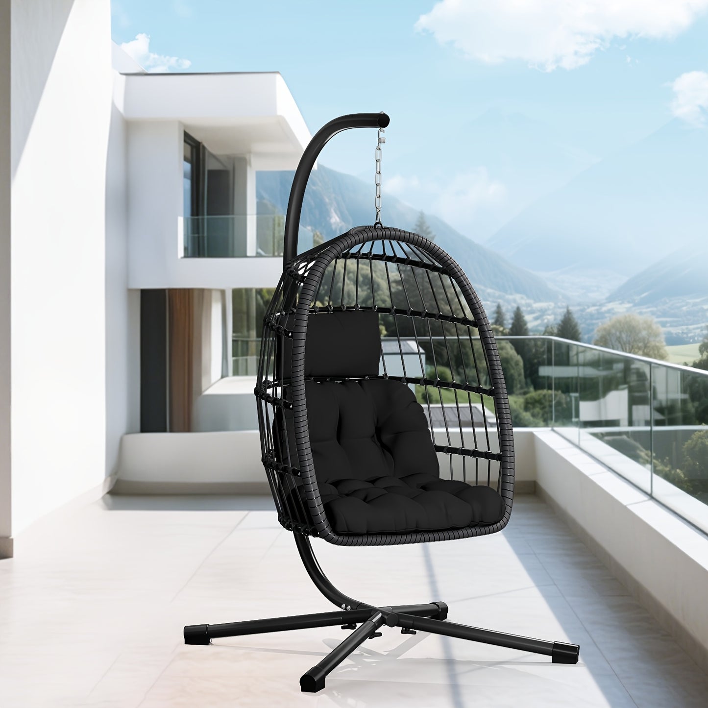 Outdoor Egg Chair with Stand Rattan Wicker Hanging Swing Hammock Chair Thickened Aluminum Frame UV-Resistant Cushion 350LBS Capacity Patio Balcony Deck Lawn Seat