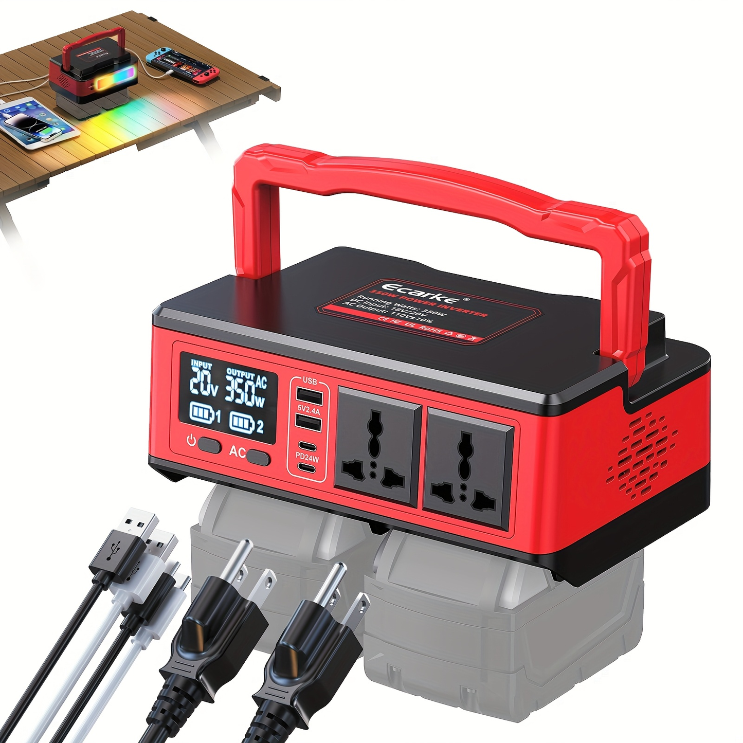 Battery Inverter for Dewalt 20V & 18V - 200W/350W/550W DC to AC 110V, USB, Type-C & AC Outlet, LED Work Light, Portable Power Supply for Camping, Outdoor & Emergency (Bare Tool)