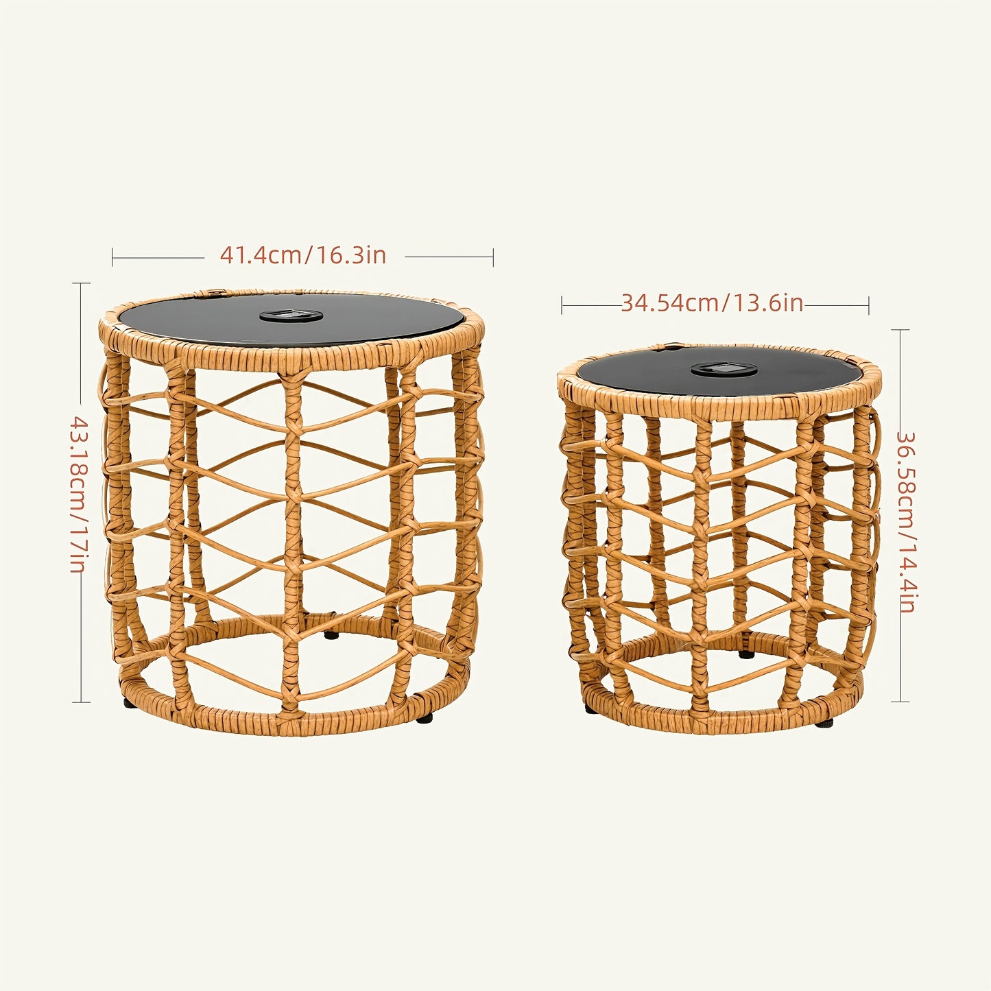 Outdoor Wicker Nesting Side Tables Set of 2 PE Rattan End Tables with Tempered Glass Top UV Resistant Waterproof Patio Balcony Deck Furniture