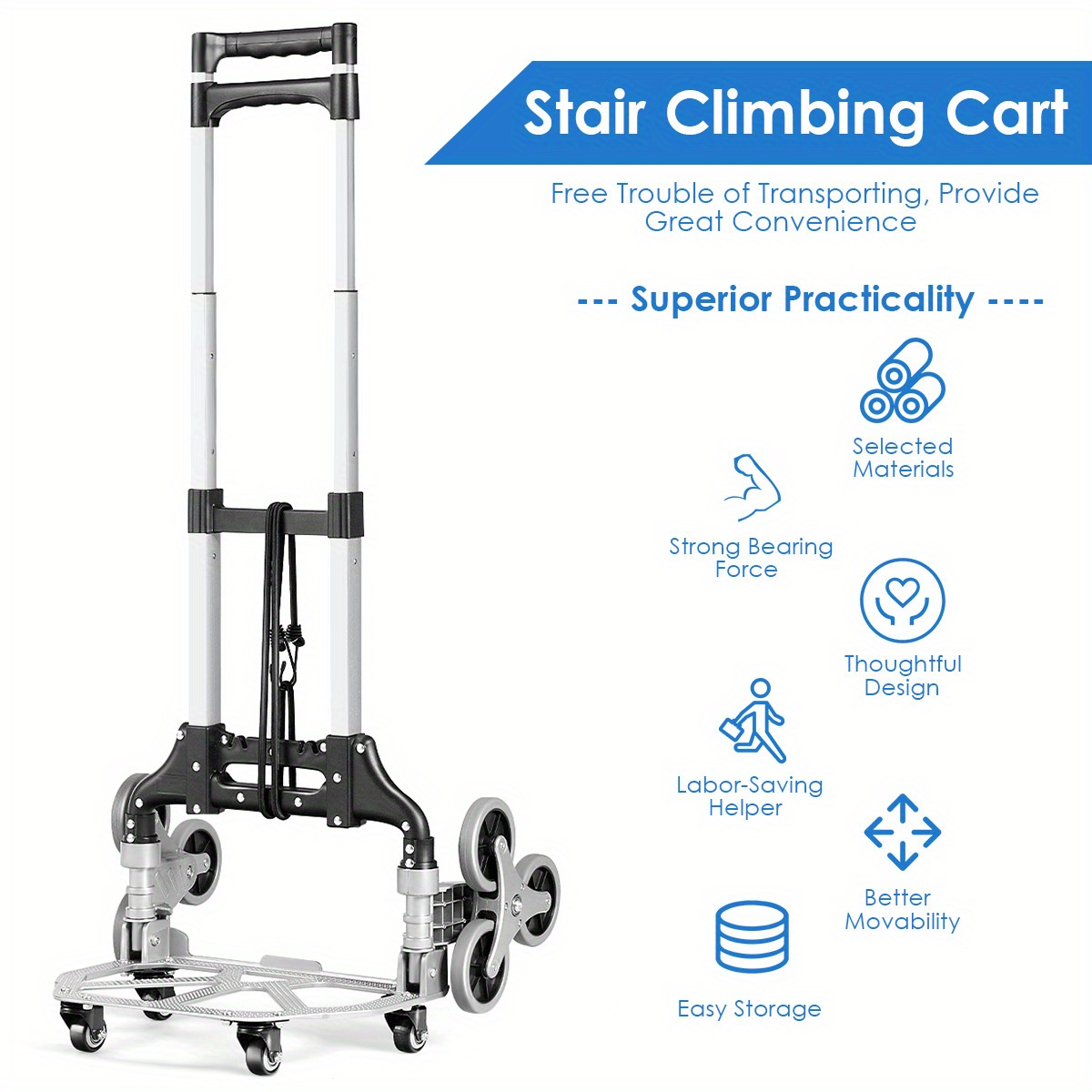 Stair Climbing Cart Folding Hand Truck 180 lbs Capacity, Aluminum Alloy Utility Dolly with Telescoping Handle, 3-Wheel Stair Climber & 4 Swivel Casters, Bungee Cord Included