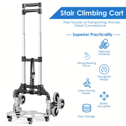 Stair Climbing Cart Folding Hand Truck 180 lbs Capacity, Aluminum Alloy Utility Dolly with Telescoping Handle, 3-Wheel Stair Climber & 4 Swivel Casters, Bungee Cord Included