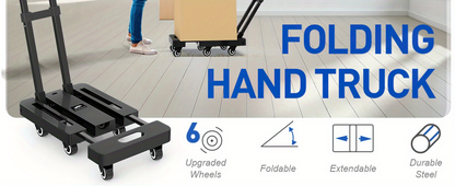 Folding Hand Truck Dolly 500LB Heavy Duty, Collapsible Luggage Cart with 6 Wheels & 2 Elastic Straps for Moving, Travel, Shopping, Office & Warehouse
