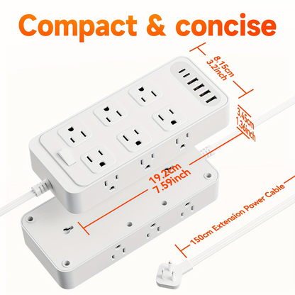 Charging Station 18-in-1 Power Strip Surge Protector 12 AC Outlets 6 USB Ports 4 USB-A 2 USB-C Flat Plug Wide Spacing Wall Mount for Home Dorm Office Travel