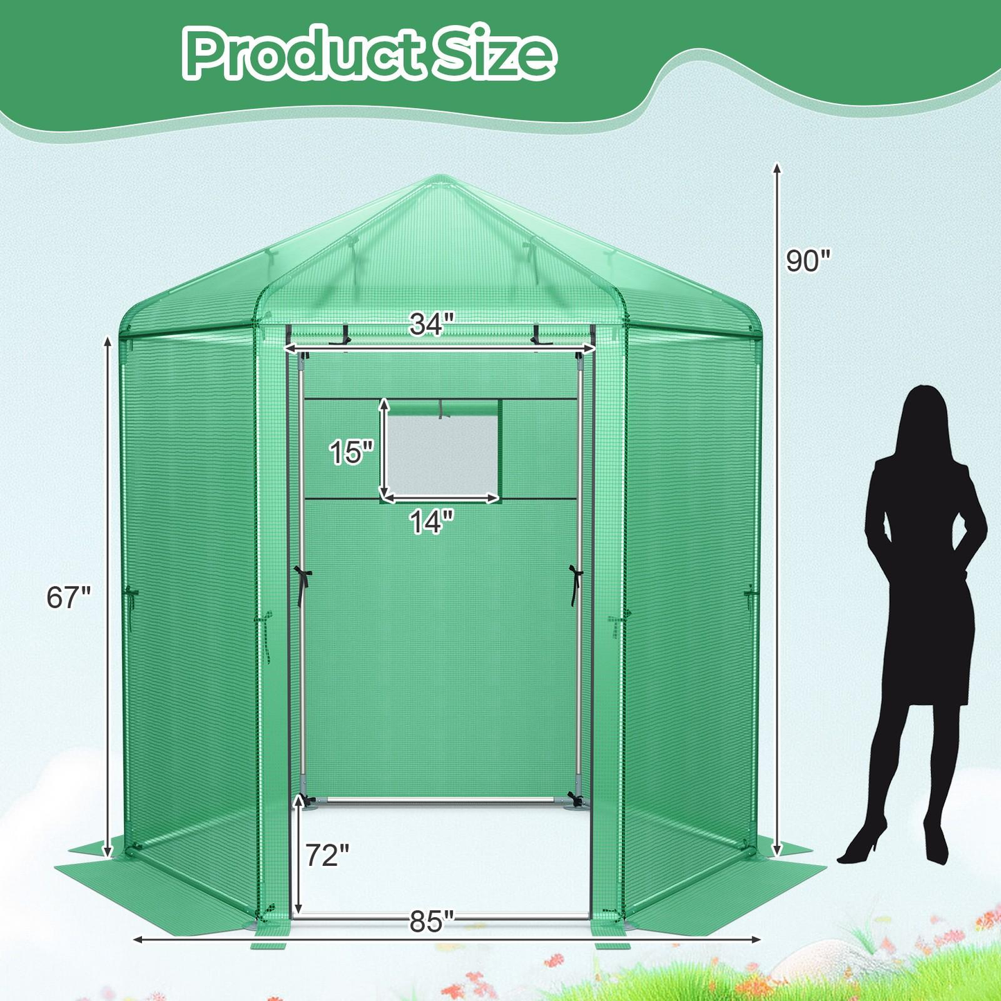 Walk-In Greenhouse 85"x72"x90" with PE Cover, Roll-Up Door & Mesh Window, 6 Ground Stakes & Ropes for Secure Outdoor Setup, Green
