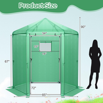 Walk-In Greenhouse 85"x72"x90" with PE Cover, Roll-Up Door & Mesh Window, 6 Ground Stakes & Ropes for Secure Outdoor Setup, Green