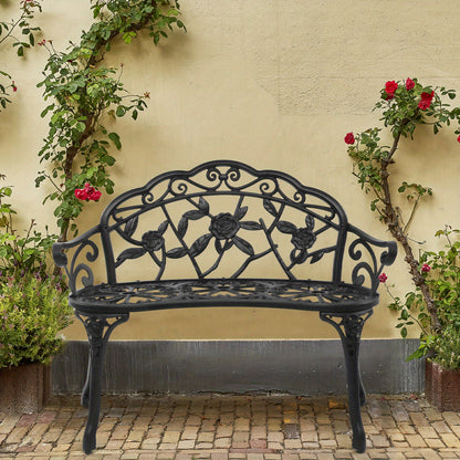Outdoor Garden Bench Rose Pattern Cast Aluminum Floral Patio Bench with Armrests Vintage Metal Bench for Porch Courtyard Wedding Decor 38.5 Inch