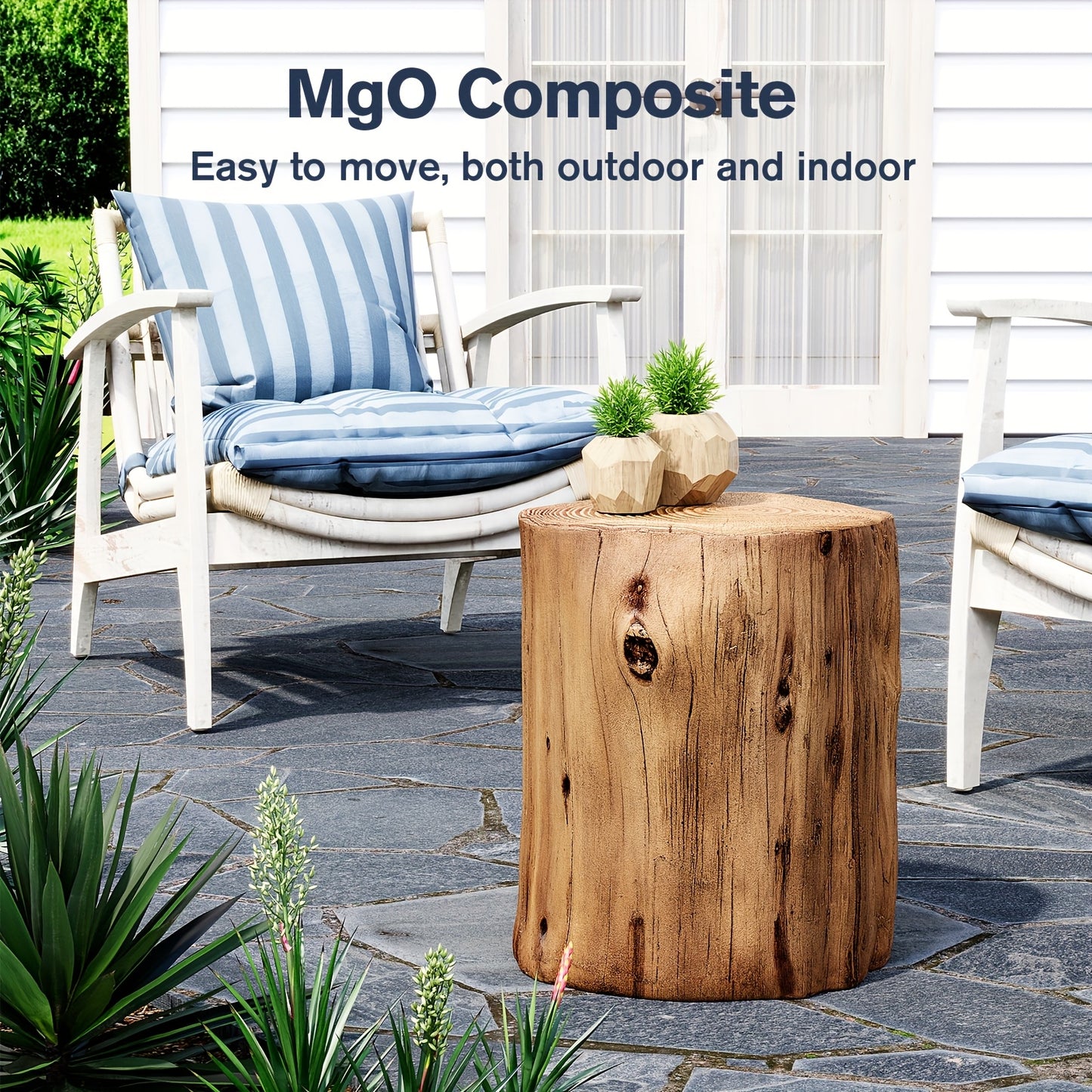 Tree Stump Side Table Outdoor Indoor | 220 Lbs Capacity Faux Wood Accent Table, All-Weather Magnesia, Plant Stand, Patio Stool & End Table for Porch Balcony Garden Living Room