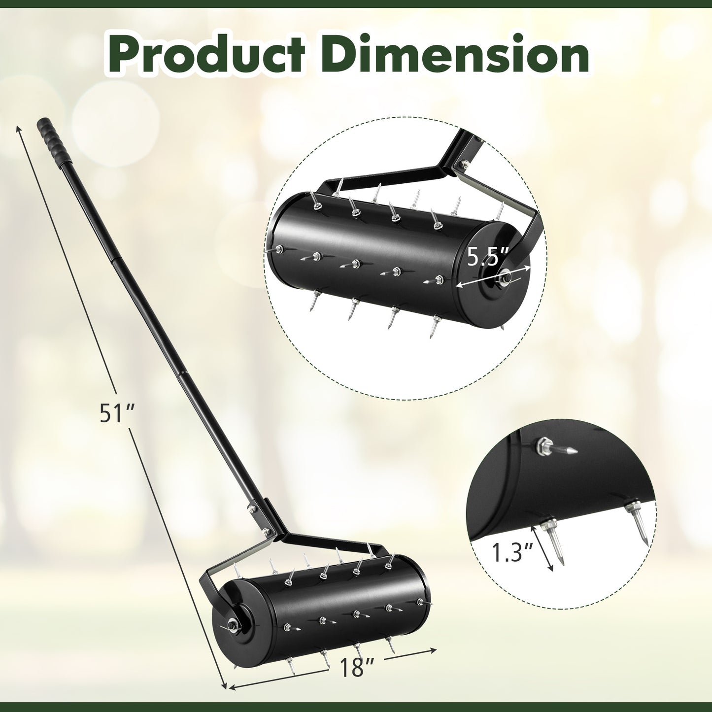 Fillable Drum Lawn Aerator Rolling Heavy Duty - 18 & 21 Inch Spike Roller with 51-Inch Metal Handle, Sand or Stone Fillable Drum for Deeper Soil Penetration, Manual Aeration for Garden Yard Patio