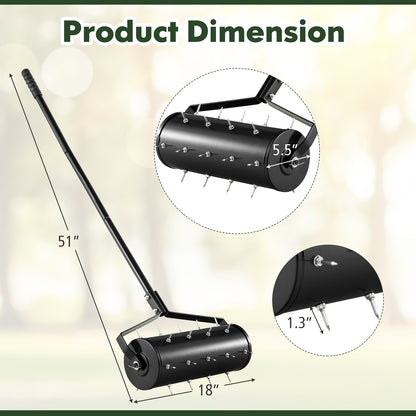 Fillable Drum Lawn Aerator Rolling Heavy Duty - 18 & 21 Inch Spike Roller with 51-Inch Metal Handle, Sand or Stone Fillable Drum for Deeper Soil Penetration, Manual Aeration for Garden Yard Patio