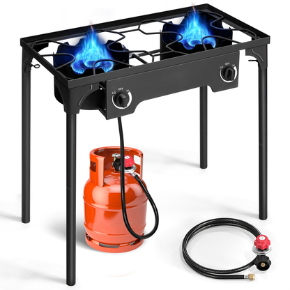 Outdoor Propane Burner Stove Cast Iron 1 or 3 Burner, 225000 BTU High-Pressure Cooker with Adjustable Heat, Removable Legs, for Camping Tailgating Frying Brewing Wok Cooking