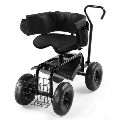 Rolling Garden Seat Cart | Backrest, Cushion, Telescopic Handle & Storage Basket, Steel Frame