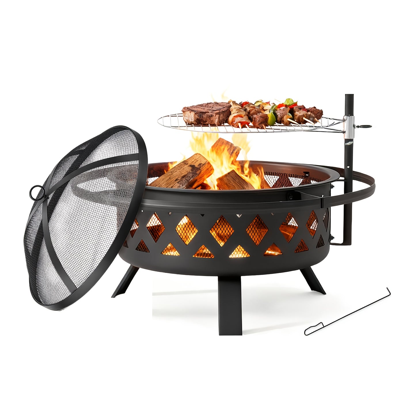 30 Inch Large Outdoor Fire Pit with Grill Grate, Steel Wood Burning Fire Bowl for Backyard Patio Garden BBQ Camping Picnic, Charcoal Log Burner Heater