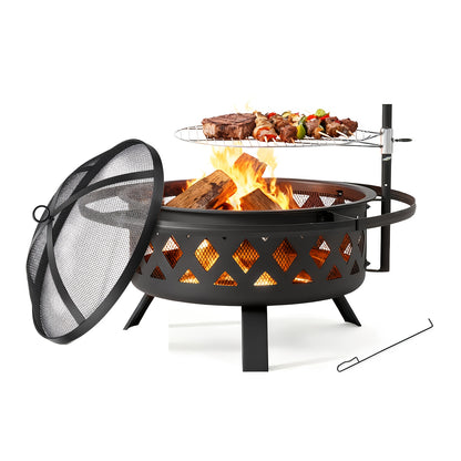 30 Inch Large Outdoor Fire Pit with Grill Grate, Steel Wood Burning Fire Bowl for Backyard Patio Garden BBQ Camping Picnic, Charcoal Log Burner Heater