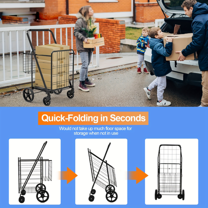 Folding Grocery Cart on Wheels Heavy Duty 132 LBS Capacity, Double Basket Shopping Cart for Groceries Laundry Foldable Utility Cart
