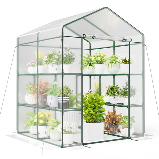 Mini Greenhouse Walk-In 55"x57"x77" with 8 Mesh Shelves, Transparent PVC Cover, Roll-Up Zippered Door & Heavy-Duty PE-Coated Metal Frame for Garden & Yard