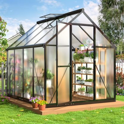 Polycarbonate Greenhouse with Aluminum Frame – Walk-In Outdoor Garden Greenhouse with Roof Ventilation, Lockable Door & UV Protection, 4x6 / 6x7.5 / 10x12 FT
