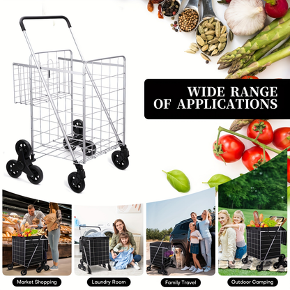 Stair Climbing Cart 8 Wheels 100 LBS Capacity Collapsible Utility Cart Foldable Grocery Dolly with Dual Basket Stainless Steel Frame for Home Office Moving