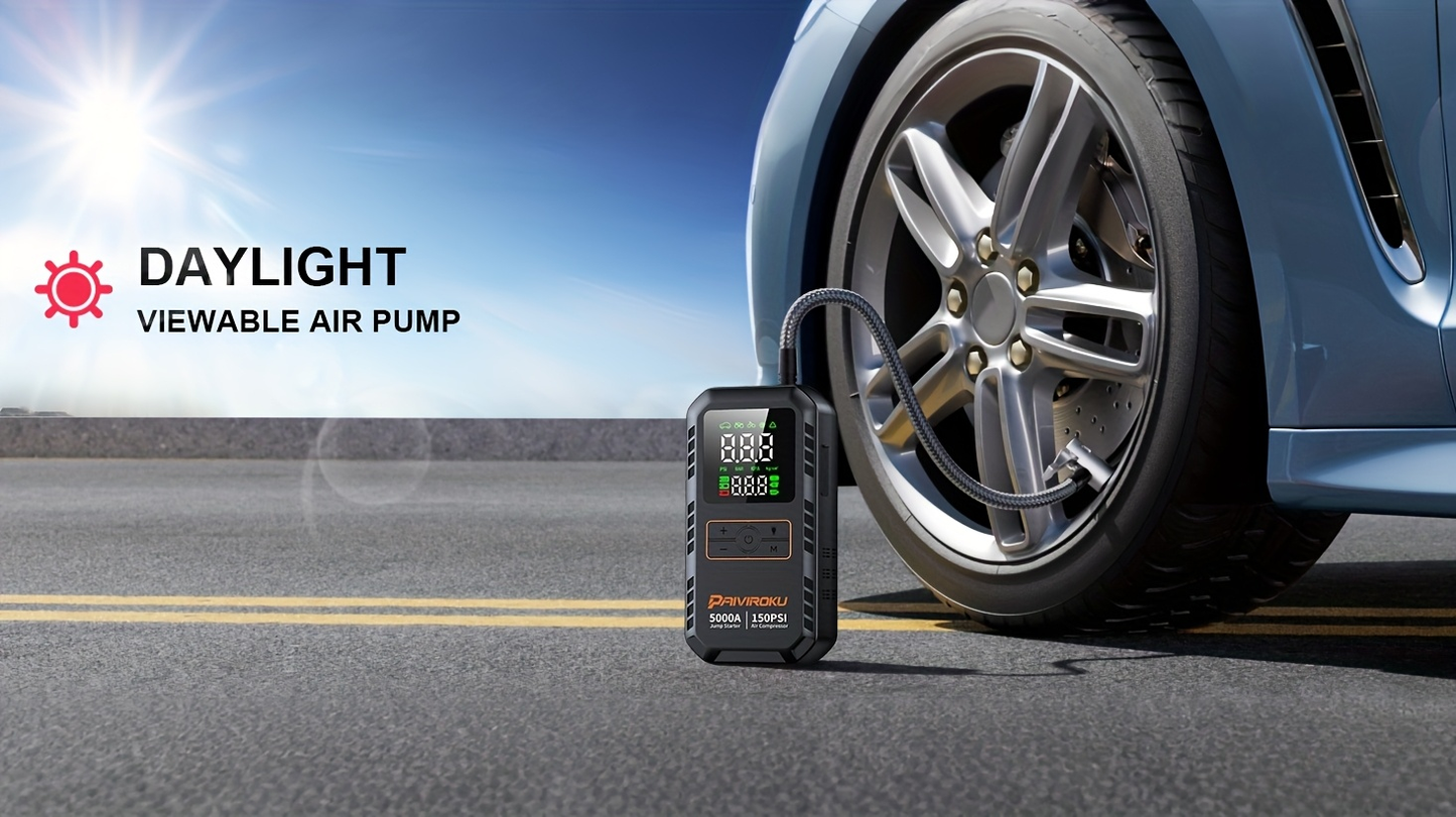 Portable Jump Starter 5000A 7-in-1 with Air Compressor 150PSI, Battery Booster for Car 7.0L Gas/6.0L Diesel, QC3.0 Power Bank, LCD Display & LED Emergency Light