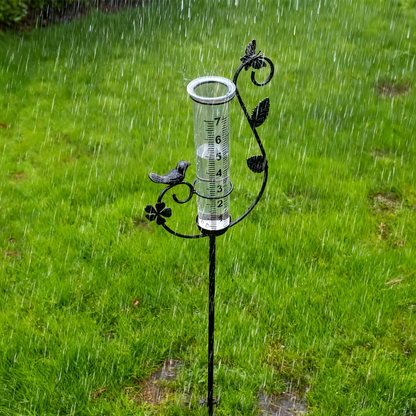 Decorative Rain Gauge Outdoor - 8-Inch Large Capacity Bird Ornament & Metal Spiral Rainfall Collector for Garden, Lawn & Patio, No Electricity Needed